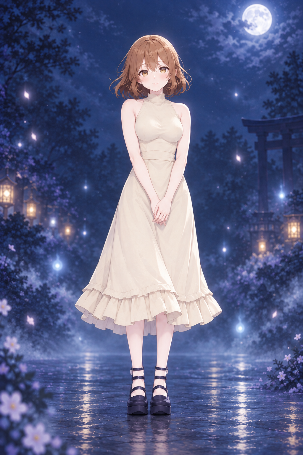 花守 こよりの全身イラスト。蜂蜜色のボブ、クリーム色のワンピース。