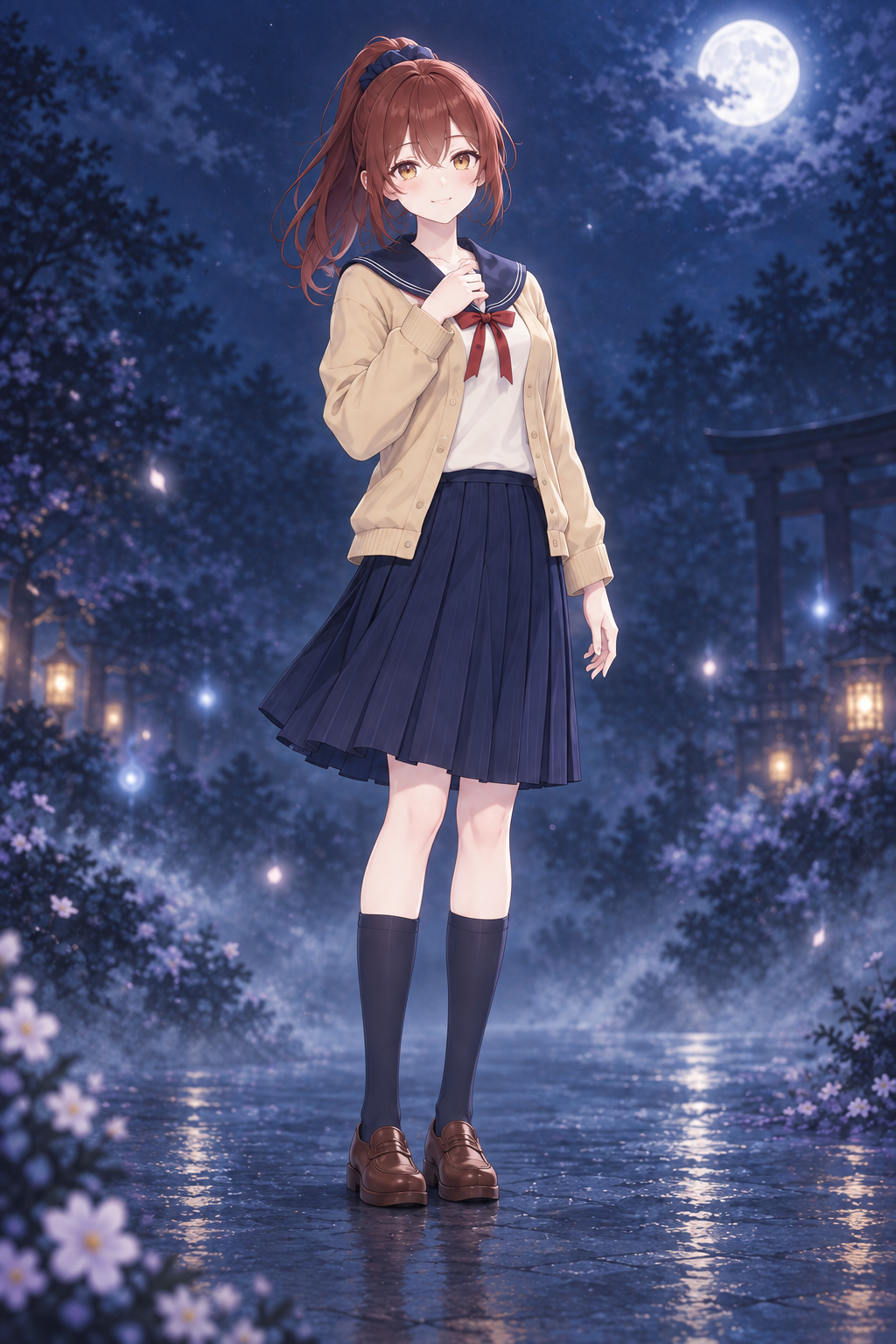 鳴海 椿の全身イラスト。赤茶のポニーテール、セーラー服・カーディガン。