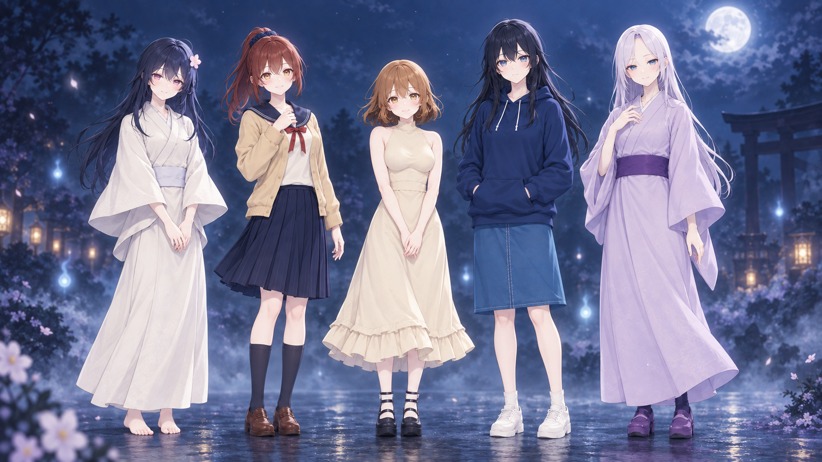 月明かりの参道に並ぶ5人の幽霊ヒロインの2Dイラスト。左から、水瀬灯里、鳴海椿、花守こより、久世静乃、月代澪。